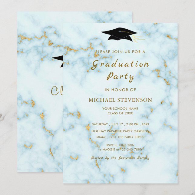Gold White Marble Graduation Invitation Template (Front/Back)