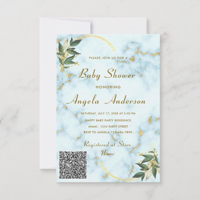 Gold White Marble QR Code Baby Shower Invitation (Front)