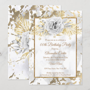 Gold white marble Rose Floral Birthday Party Invitation
