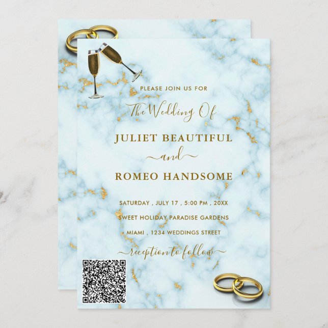 Gold White Marble Wedding Invitation with QR Code (Front/Back)
