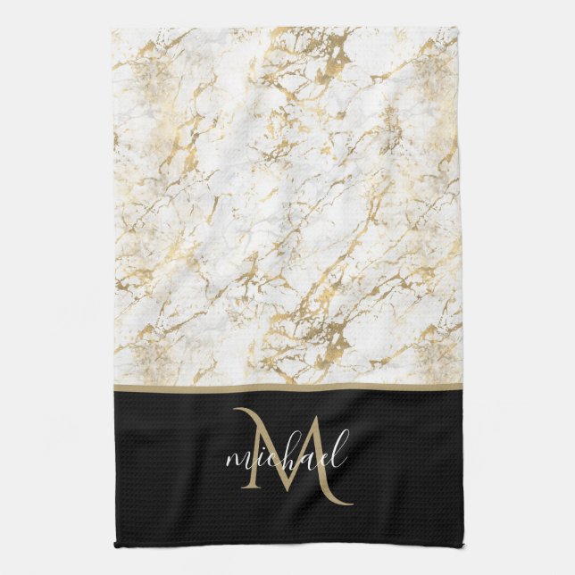Gold & White Marble with Black Monogram  Kitchen Towel (Vertical)