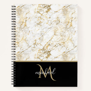 Gold & White Marble with Black Monogram Notebook