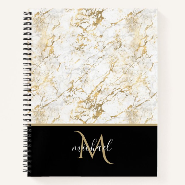 Gold & White Marble with Black Monogram Notebook (Front)