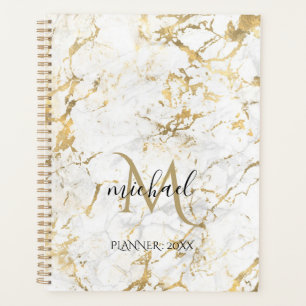 Gold & White Marble with Black Monogram Planner