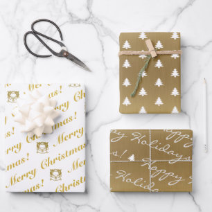 Gold White Merry Christmas Happy Holidays Trees Wrapping Paper Sheet