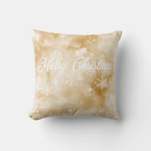 Gold & White Merry Christmas Snowflake Throw Pillow