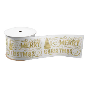Gold White Merry Christmas Typography Pattern Satin Ribbon