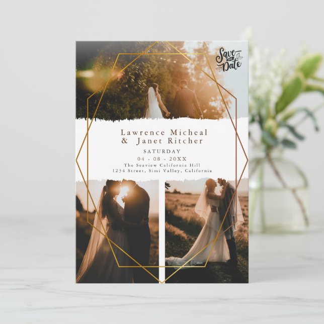 Gold white minimalist script 3 photos wedding  save the date (Standing Front)
