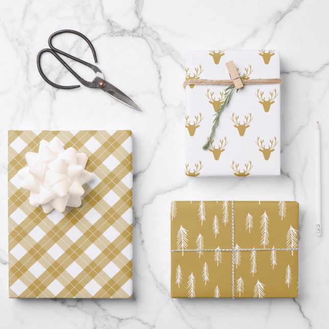 Gold White Mixed Rustic Patterns Deer Woods Plaid Wrapping Paper Sheet (Front)