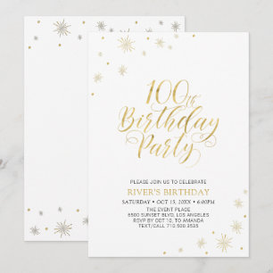 Gold & White   Modern Chic 100th Birthday Party Invitation