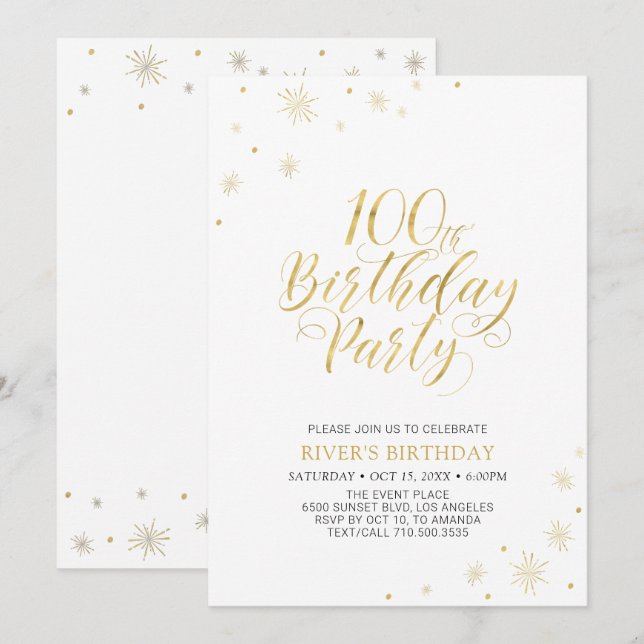 Gold & White | Modern Chic 100th Birthday Party Invitation (Front/Back)