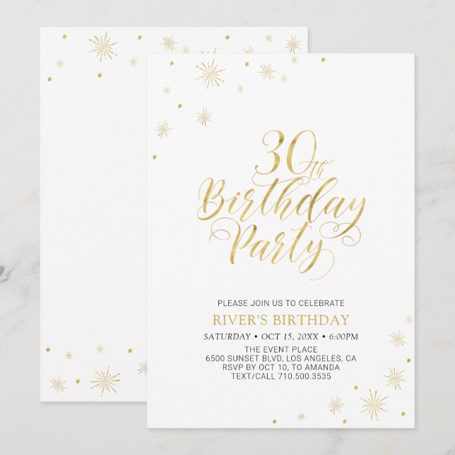 Gold & White | Modern Chic 30th Birthday Party Invitation (Front/Back)