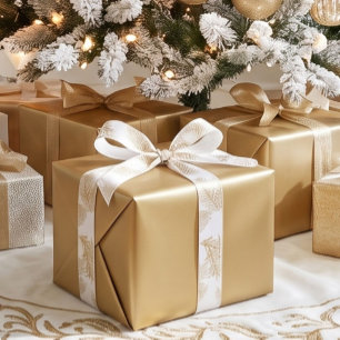 Gold White Modern Elegant Botanical Christmas Satin Ribbon