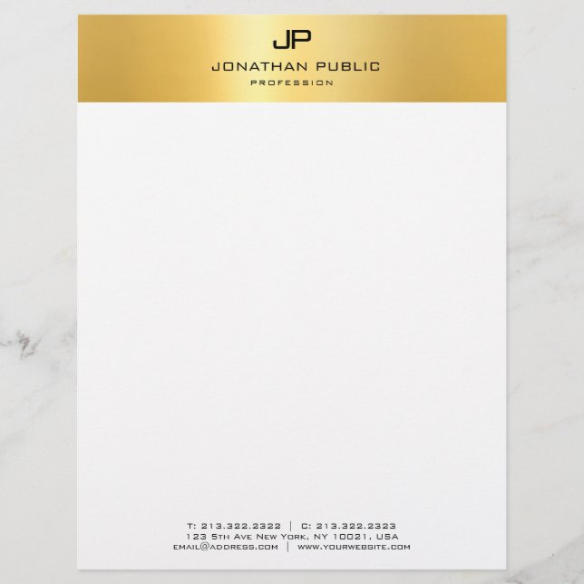 Gold White Modern Monogram Simple Template Letterhead (Front)