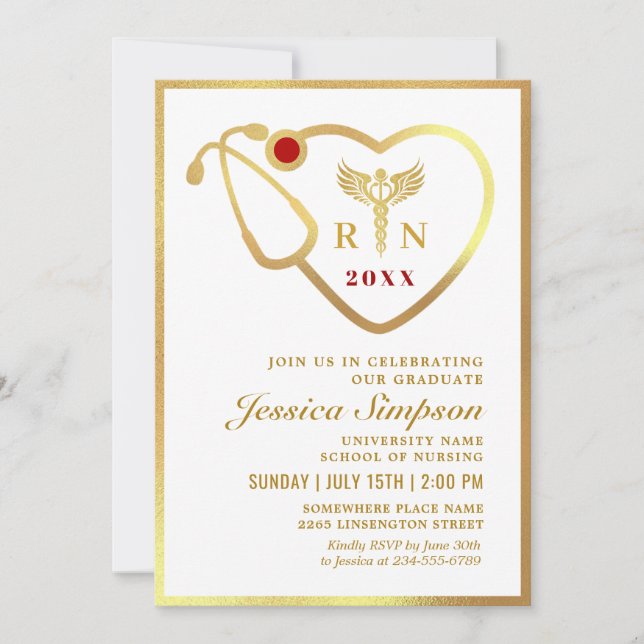Gold White Modern Nursing School Graduation Party Invitation (Front)