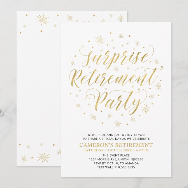 Gold & White | Modern Surprise Retirement Party Invitation (Front/Back)
