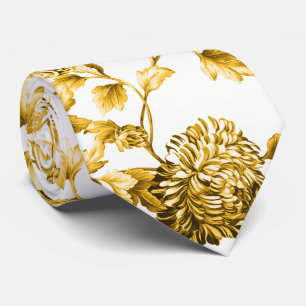 Gold & White Modern Vintage Botanical Floral Toile Tie