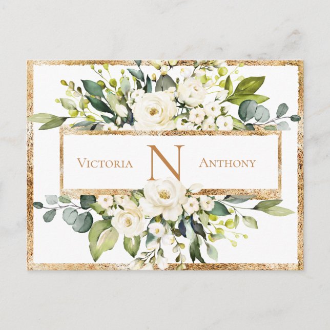 Gold White Monogram Floral Greenery Save the Date Postcard (Front)