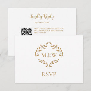 Gold White Monogram RSVP wedding website QR code Enclosure Card