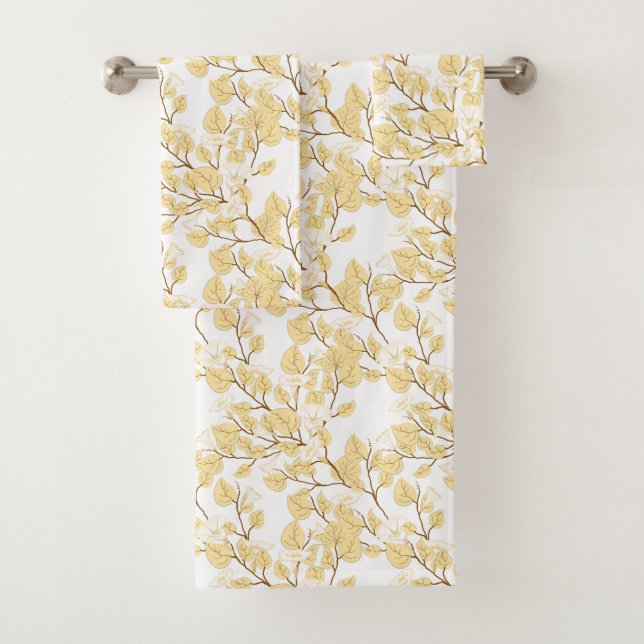 Gold White Morning Glory Flower  Bath Towel Set (Insitu)