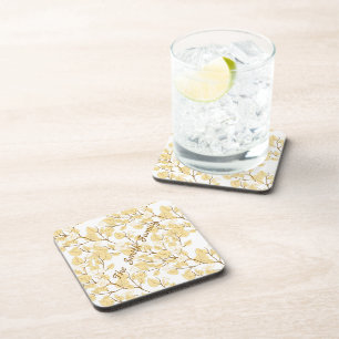 Gold White Morning Glory Flower  Coaster