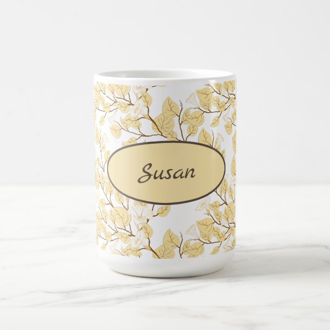 Gold White Morning Glory Flower Coffee Mug (Center)