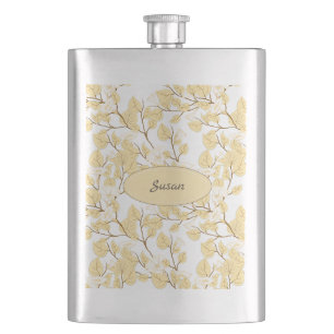 Gold White Morning Glory Flower Hip Flask