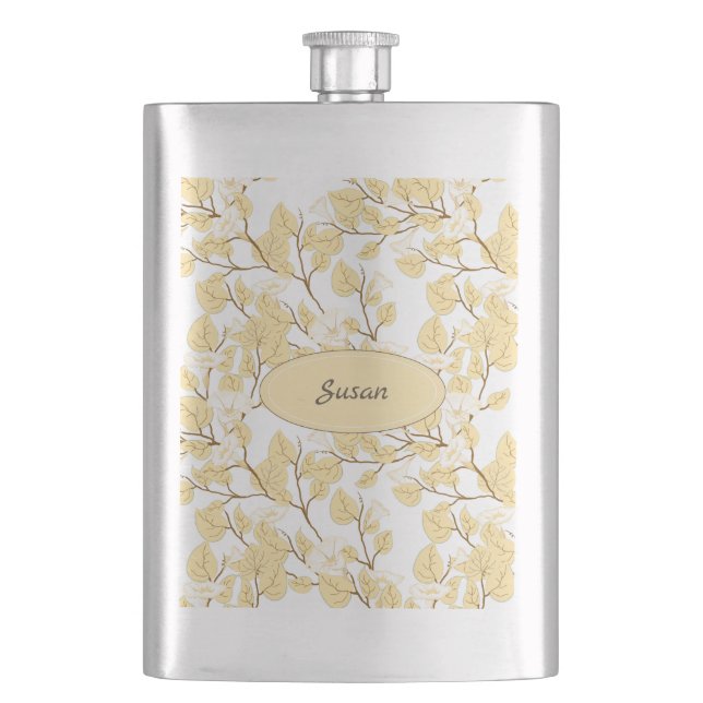 Gold White Morning Glory Flower Hip Flask (Front)