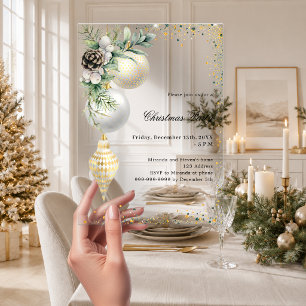 Gold white ornaments glitter Christmas Party Acrylic Invitations