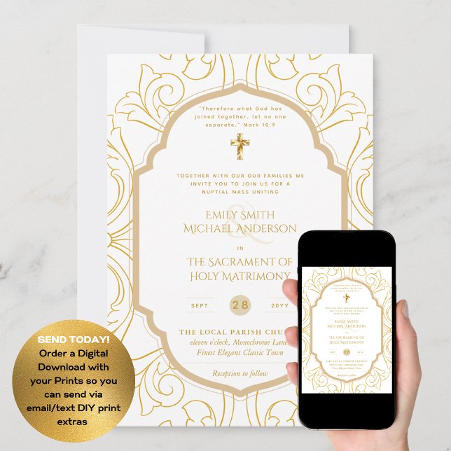 Gold White Ornate Catholic Nuptial Mass Wedding  Invitation (Creator Uploaded)