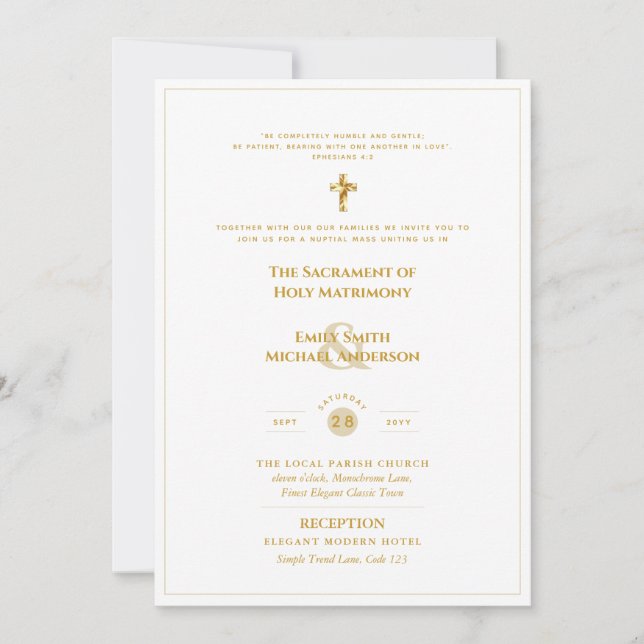 Gold White Ornate Catholic Nuptial Mass Wedding Invitation (Front)