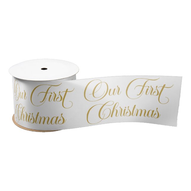 Gold White Our First Christmas Script Typography Satin Ribbon (Spool)