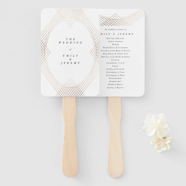 Gold White Oval Geometric Art Deco Gatsby Wedding Hand Fan (Front and Back)