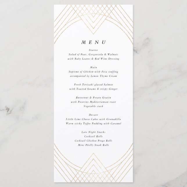 Gold White Oval Geometric Art Deco Gatsby Wedding Menu (Front)