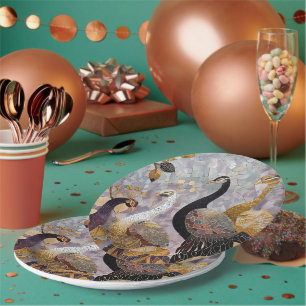 Gold White Peacocks Christmas Paper Plate