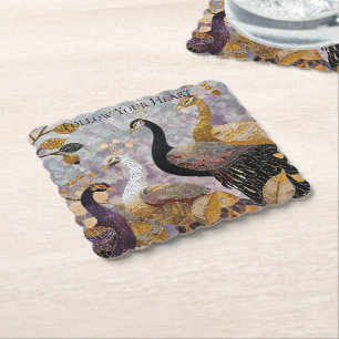 Gold White Peacocks Paper Coaster