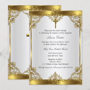 Gold White Pearl Cross Baptism Christening 2 Invitation