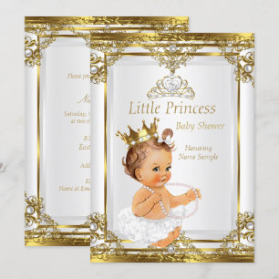 Gold White Pearl Princess Baby Shower Brunette Invitation