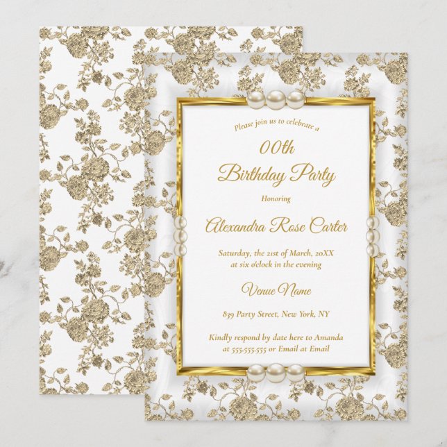 Gold White Pearl Vintage Damask Rose Birthday Invitation (Front/Back)