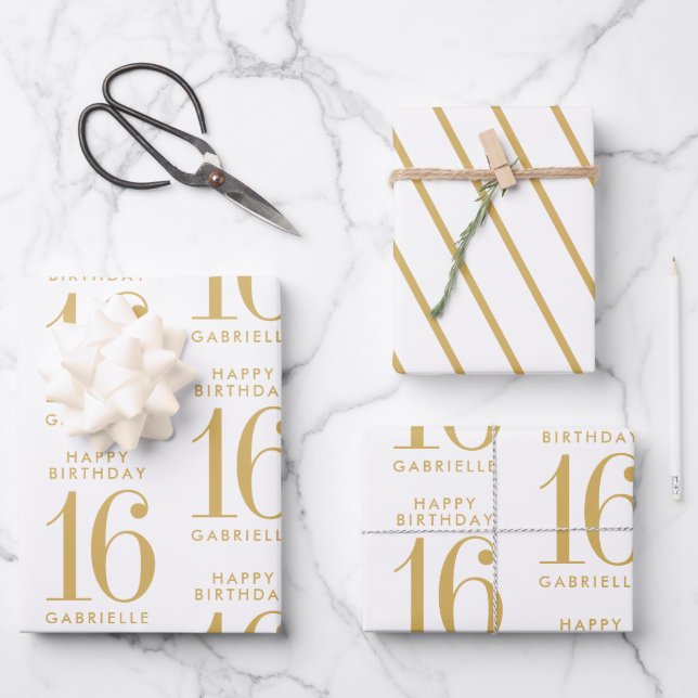 Gold White Personalized Custom Age  Wrapping Paper Sheet (Front)