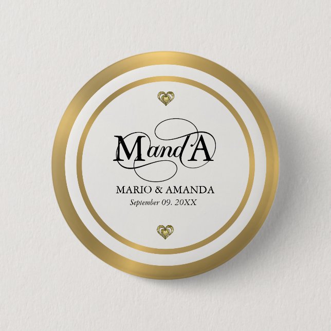 Gold White Personalized Wedding Monogram 2 Inch Round Button (Front)