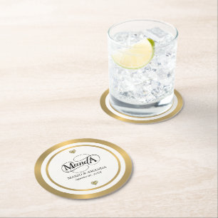 Gold White Personalized Wedding Monogram Round Paper Coaster