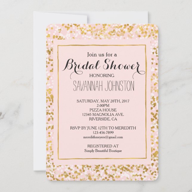 Gold White Pink Confetti bridal shower Invitation (Front)