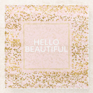 Gold White Pink Confetti Glass Coaster