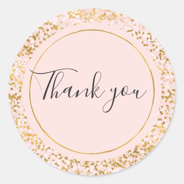 Gold White Pink Confetti Thank you Classic Round Sticker (Front)