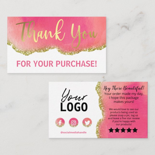 Gold White Pink Glitter Agate Thank You Purchase Business Card (Front/Back)