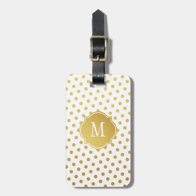 Gold & White Polka Dot Monogram Luggage Tag (Front Vertical)