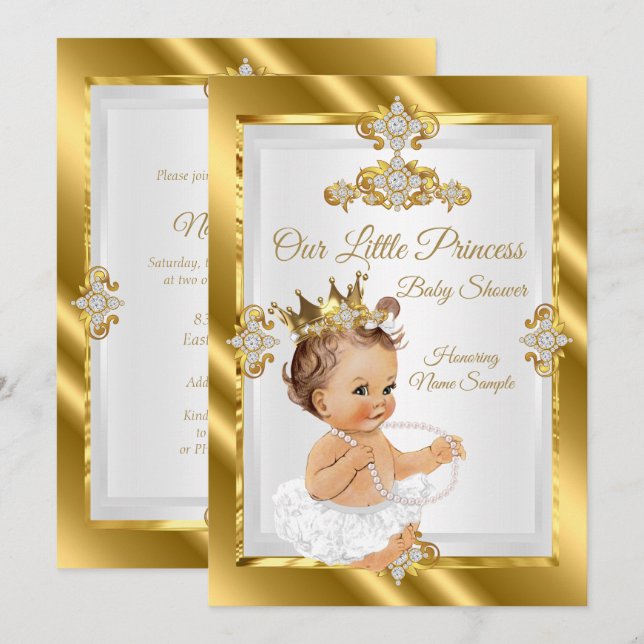 Gold White Princess Baby Shower Brunette Invitation (Front/Back)