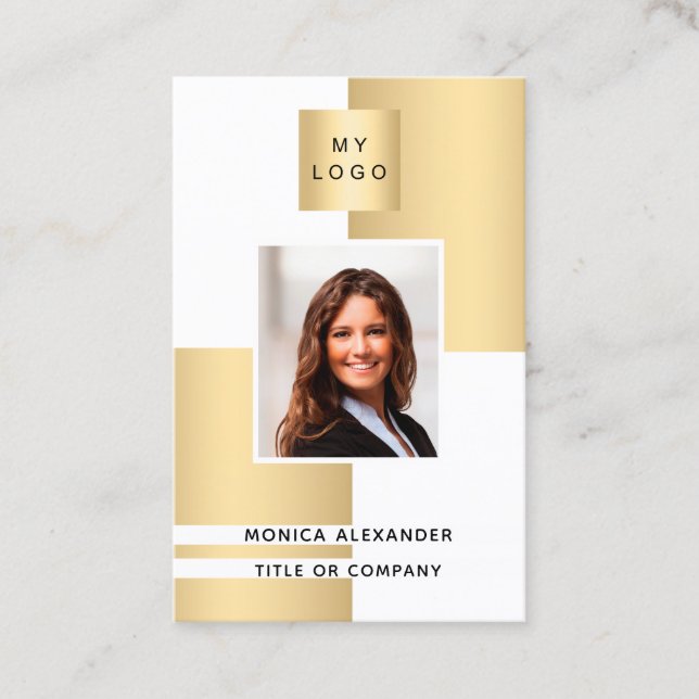Gold white profile photo corporate logo QR code Business Card (Front)