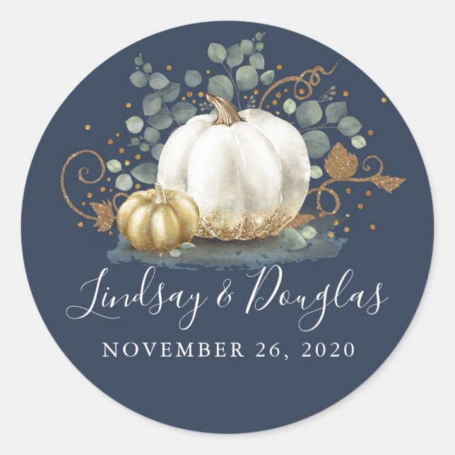 Gold White Pumpkin Fall Wedding Navy Blue Classic Round Sticker (Front)